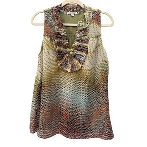Unique Artsy Sheer Ruffle Front Blouse Frog Closure Boho Abstract Top Sz L